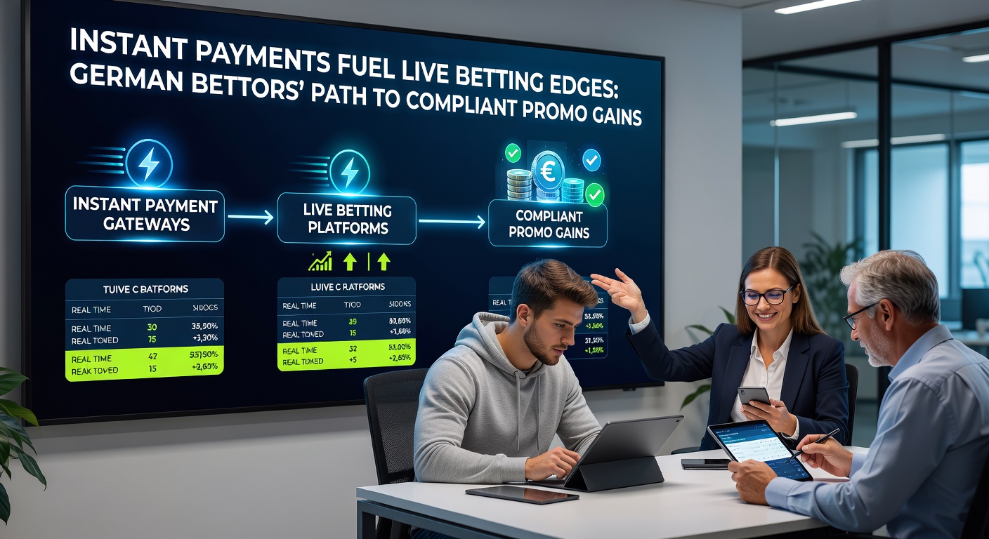 Darstellung eines deutschen Wetters, der per Smartphone eine Instant-Zahlung tätigt, während Promo-Codes auf dem Bildschirm erscheinen und GGL-Compliance-Siegel sichtbar sind