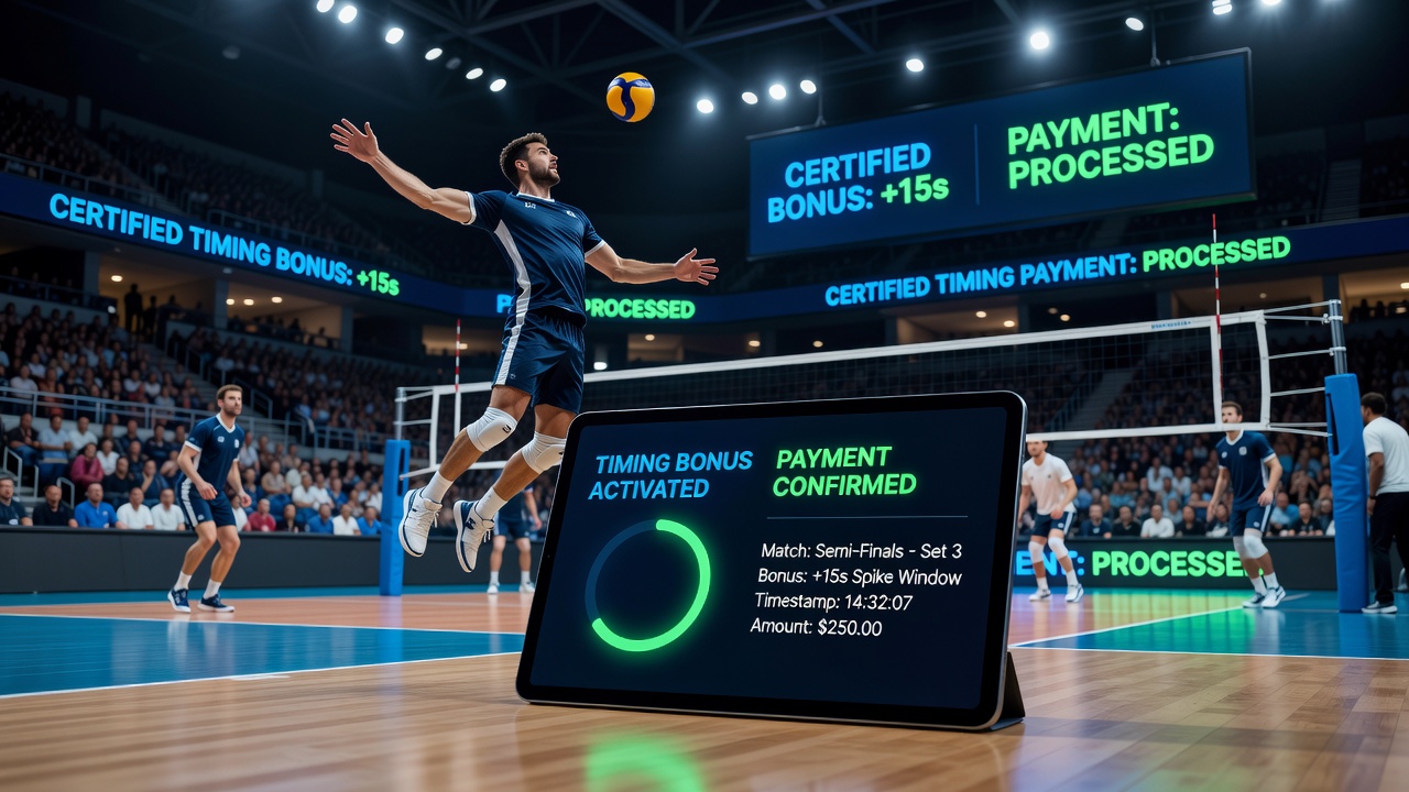 Zahlungsbestätigung und Bonusaktivierung während eines laufenden Volleyball-Matches auf einer mobilen zertifizierten Plattform